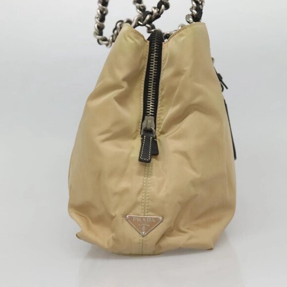 PRADA Chain Tote Bag Nylon Leather Beige Silver - Picture 4 of 15